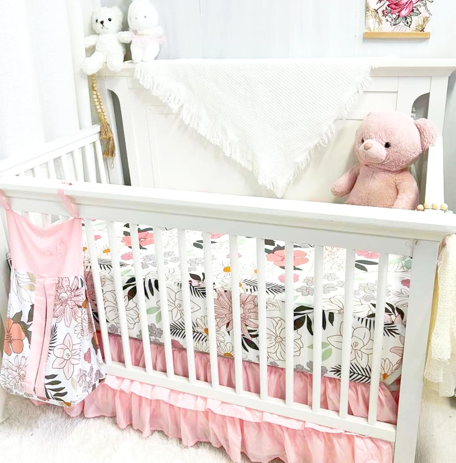 Flower 4-Piece Crib Bedding Set, Baby Girl Bedding Crib Set, Daisy Crib Skirt, Baby Quilt, Crib Sheet and Diaper Stacker