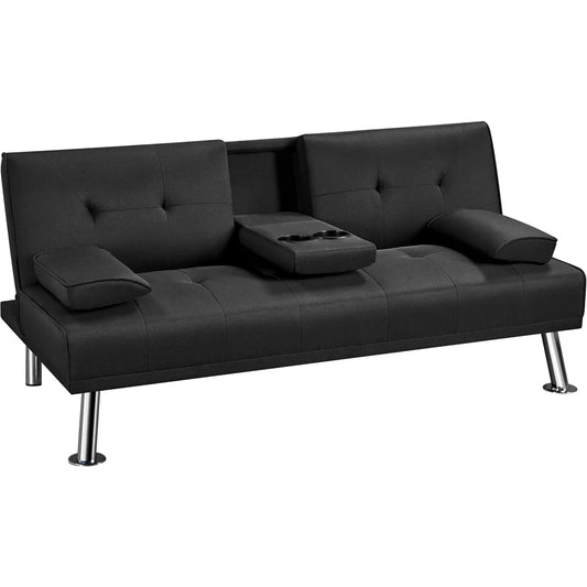 Convertible Futon Sofa Bed Tufted Fabric Futon Couch Bed with 2 Cup Holders, Black - Design By Technique