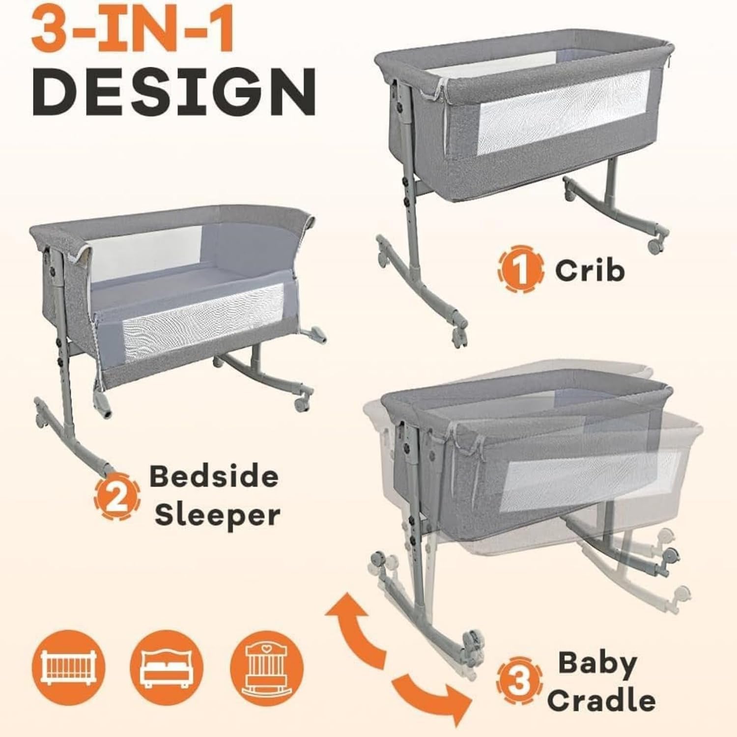 Bedside Crib for Baby, 3 in 1 Bassinet with Large Curvature Cradle, Bedside Sleeper Adjustable and Movable beside Bassinet with Mosquito Nets, Safety Certificattion Guarantee, Bassinet Bedding Sets - Design By Technique