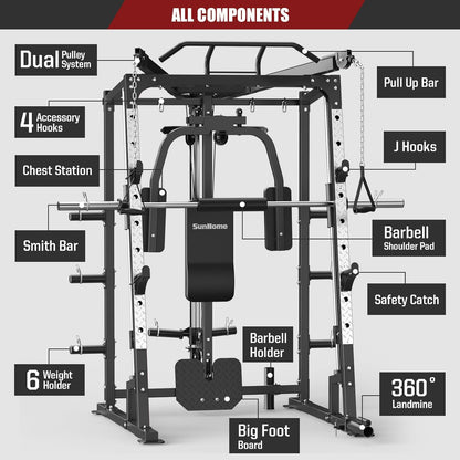 Smith Machine, 2000LBS Power Cage Squat Rack with Smith Bar, Two LAT Pull-Down Systems, Cable Crossover Machine and and More Cable Attachment for Home Gym