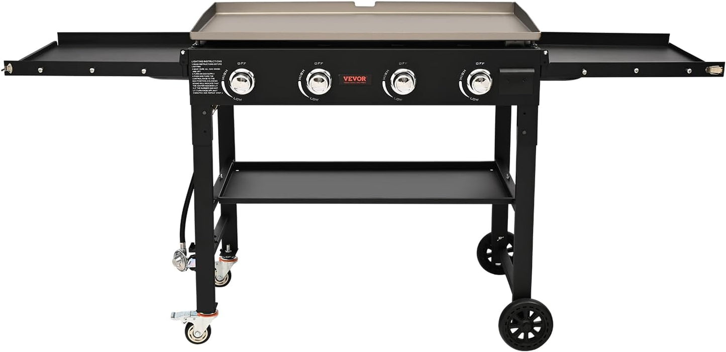 Propane Griddle on Cart, 36" Heavy Duty Manual Flat Top Griddle, Outdoor Cooking Station with Side Shelves, Steel Natural Gas Griddle, 4-Burners Restaurant Portable Grill - 60,000 BTU