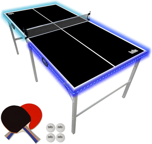 Partytennis Mid-Size Table Tennis Table | Portable Folding Indoor/Outdoor Table Tennis Table with Net, Paddles & Pong Balls | Optional LED Lights - Choose Your Model