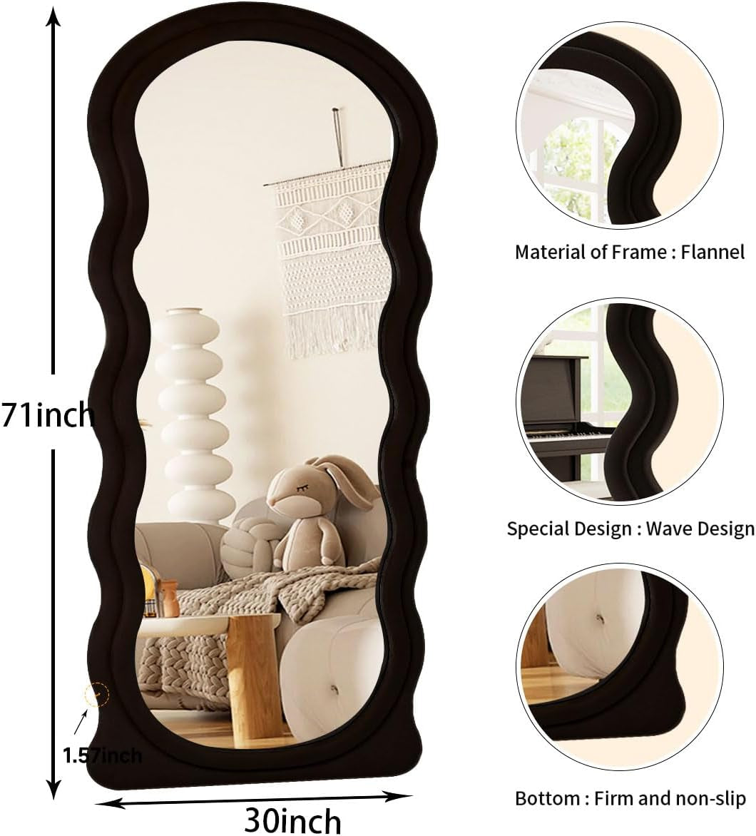 71" X 30" Irregular Full Length Mirror with Flannel Wrapped Wooden Frame - Extra Large Full Mirror for Hanging or Leaning against Wall in Cloakroom, Bedroom, Living Room, Black - Design By Technique
