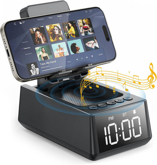 Presents for Men/Women, Cell Phone Stand with Wireless Bluetooth Speaker, 12H Time Display Unique Presents for Him, Husband, Boyfriend, Dad, Her, Wife, Mom, Cool Multi Functional Gadget (Crow Black)