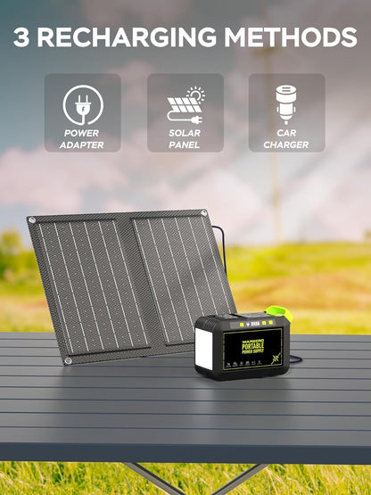 Camping Solar Generator 88Wh Portable Power Station 120W Peak Generator with Solar Panel Included 21W, AC, DC, USB QC3.0, LED Flashlight for Outdoor Home Camping Fishing Emergency Backup