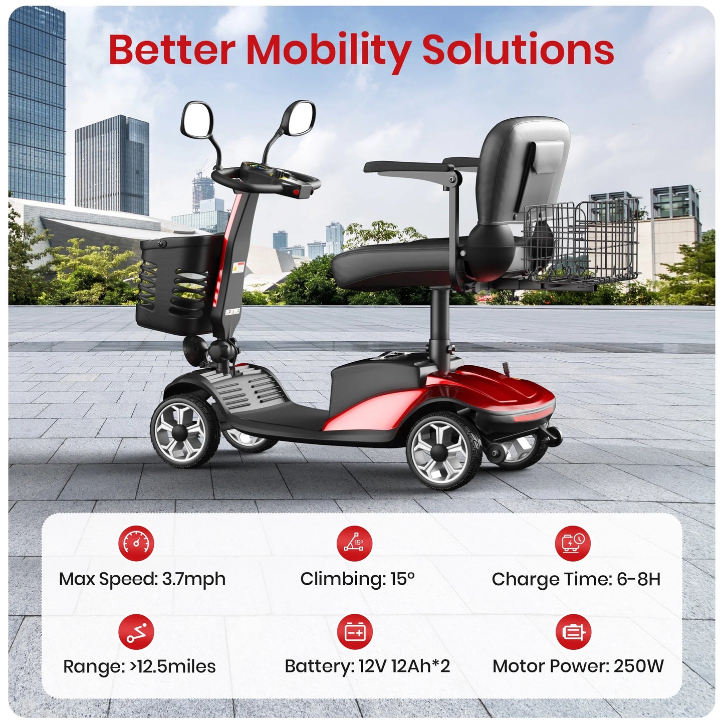 Upgrade 4 Wheel Mobility Scooter for Seniors, Foldable Powered Mobile Wheelchair for Adult 330Lbs, Red