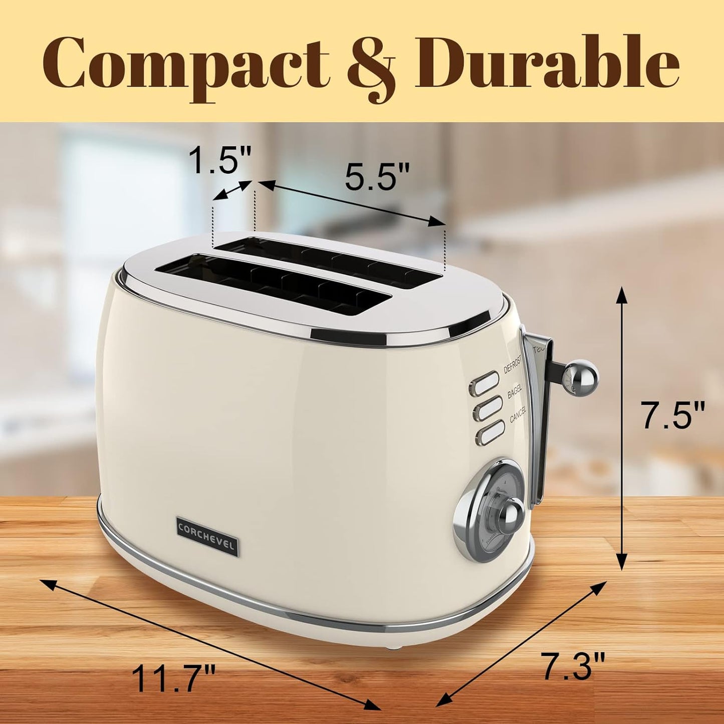 Retro 2 Slice Stainless Steel Toaster with Removable Crumb Tray, 6 Bread Shade Settings, Bagel, Defrost and Cancel Options (White)