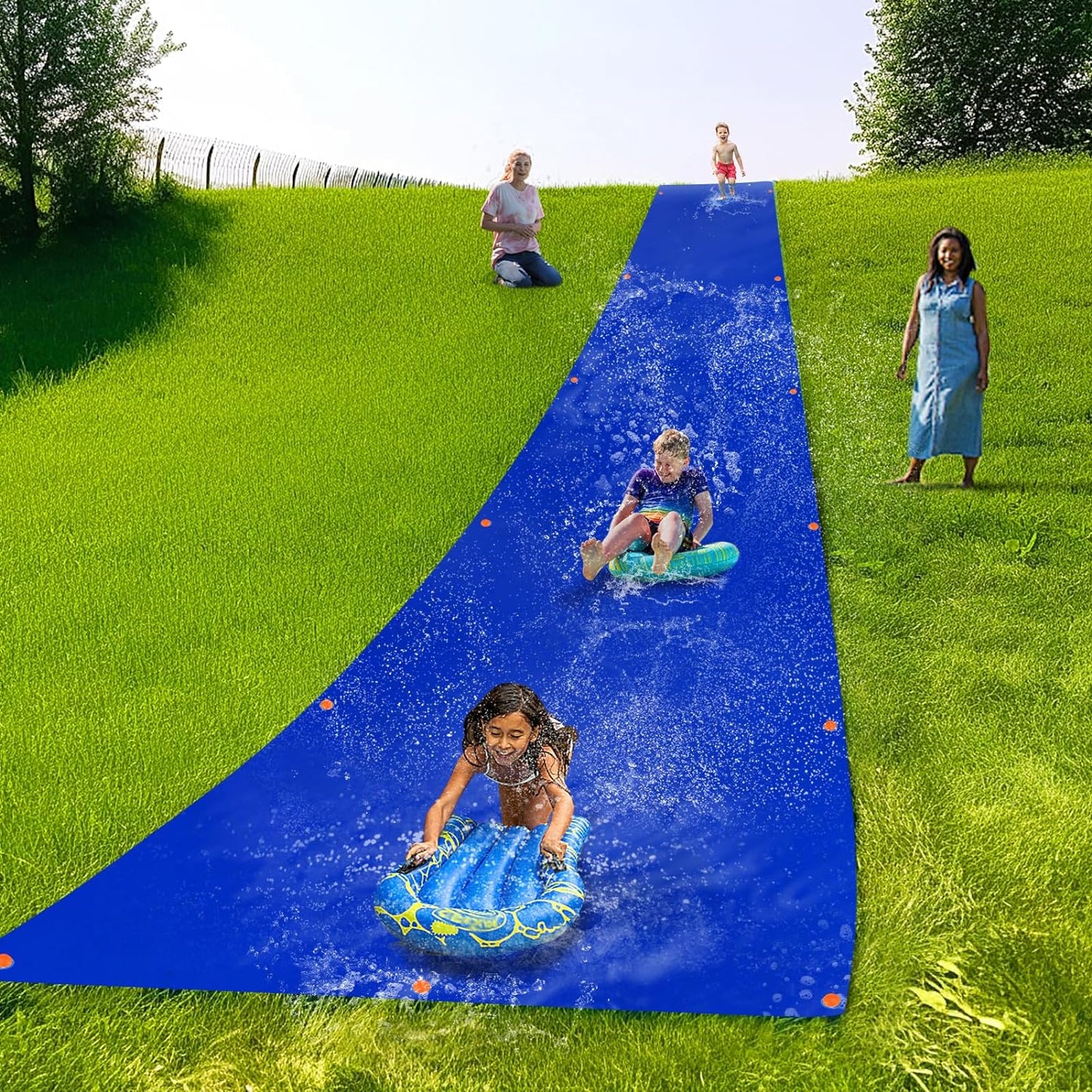 Super Slip Lawn Water Slide - 30 X 8Ft Heavy Duty Slip and Slide Trap Slick Waterslide for Adults & Kids, Easy to Set up with 16 Ground Nails, Funny Water Games for Outdoor Backyard Lawn, Blue - Design By Technique