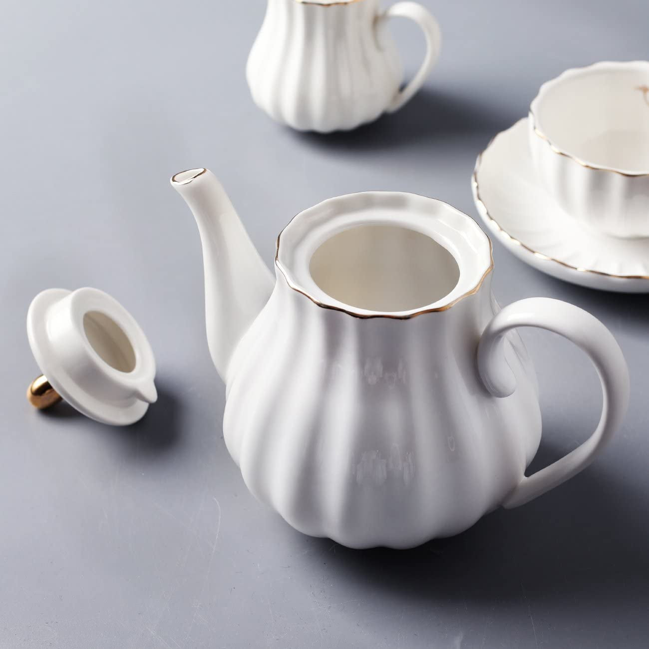 Porcelain Tea Sets British Royal Series, 8 OZ Cups& Saucer Service for 6, with Teapot Sugar Bowl Cream Pitcher Teaspoons and Tea Strainer for Tea/Coffee, Pukka Home (Pure White)