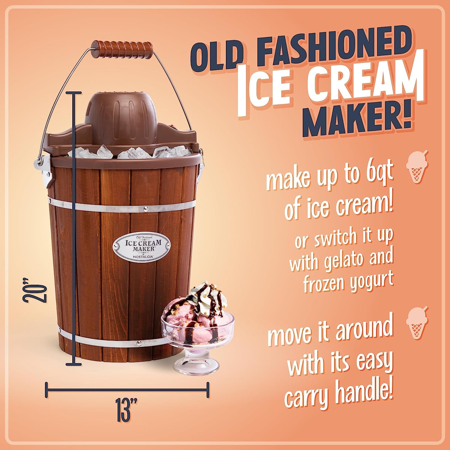 Electric Ice Cream Maker - Old Fashioned Soft Serve Ice Cream Machine Makes Frozen Yogurt or Gelato in Minutes - Fun Kitchen Appliance - Vintage Wooden Style - Dark Wood - 6 Quart