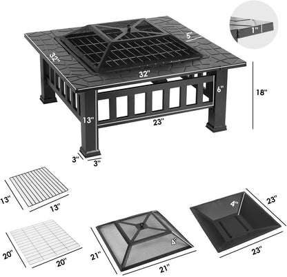 Steel Fire Pits for Outside, 32'' Square Wood Burning Fire Pit Table, Outdoor Patio BBQ Firepit Bonfire Party - Design By Technique