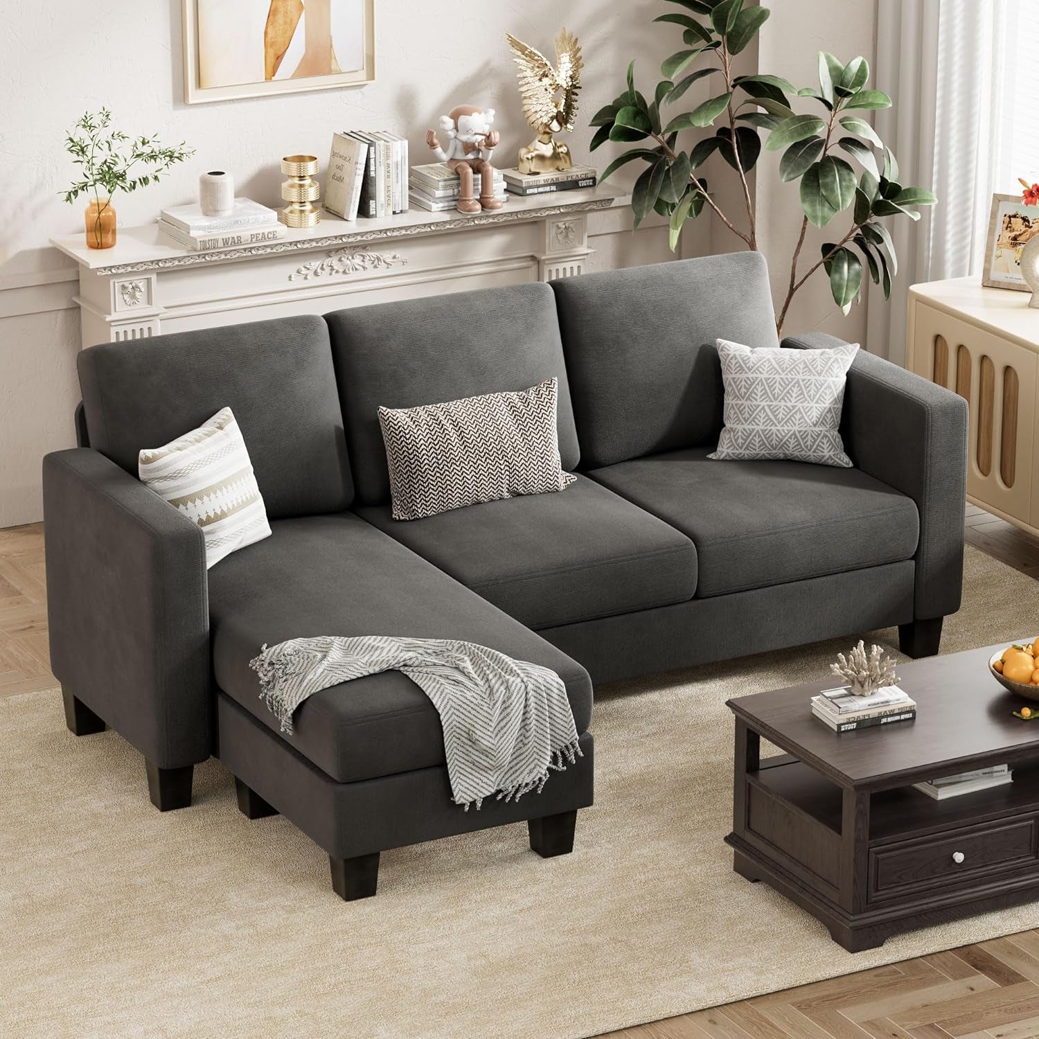 Convertible Sectional Sofa Couch, 3 Seat L-Shaped Sofa with Linen Fabric, Movable Ottoman Small Couch for Small Apartments, Living Room and Office (Dark Gray)