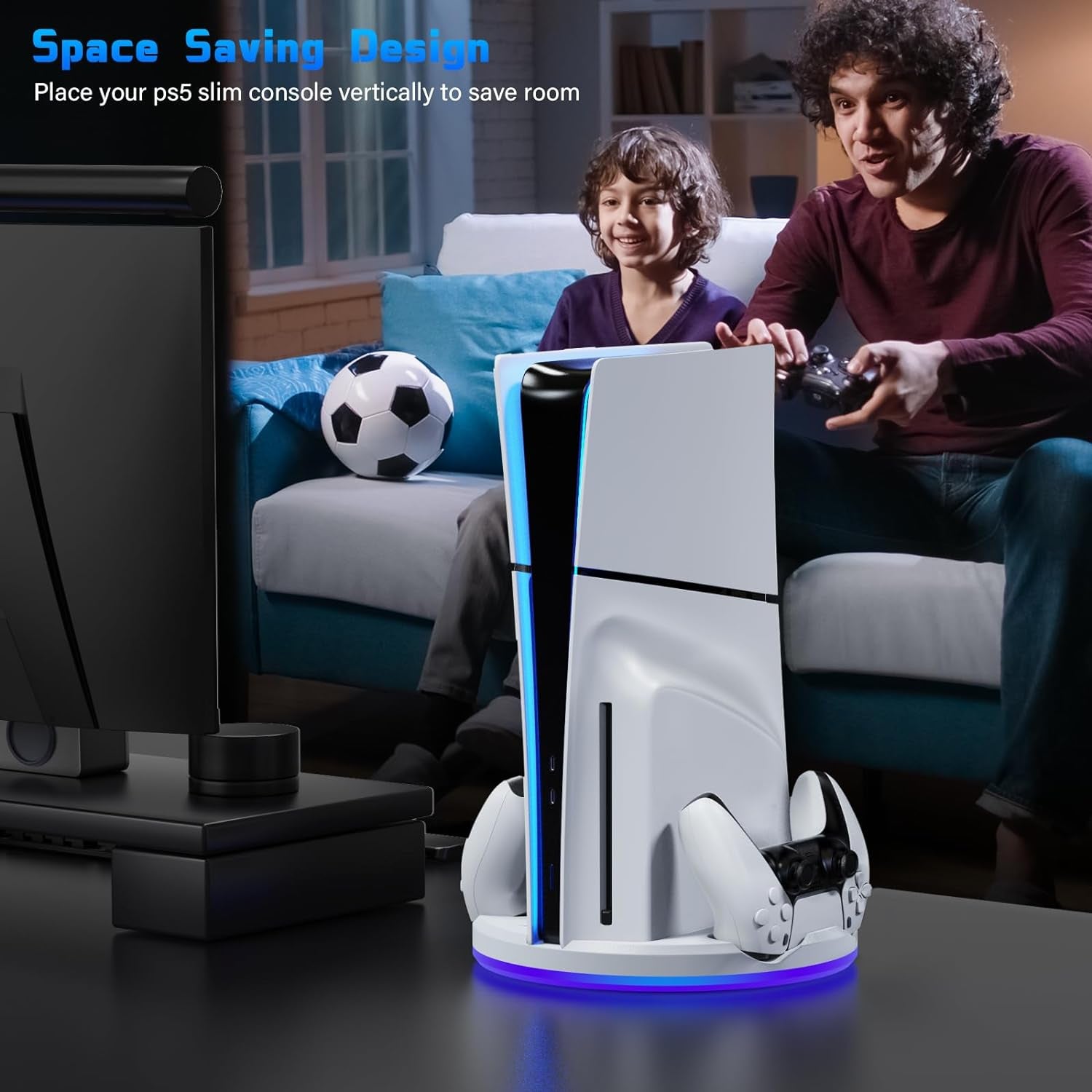 PS5 Slim Stand-And-Dual-Controller-Charging-Station-For-Playstation 5-Slim-Console-Disc&Digital Edition, Cool RGB PS5 Vertical Stand with Controller Charger, PS5 Holder Base Accessory Screw, White
