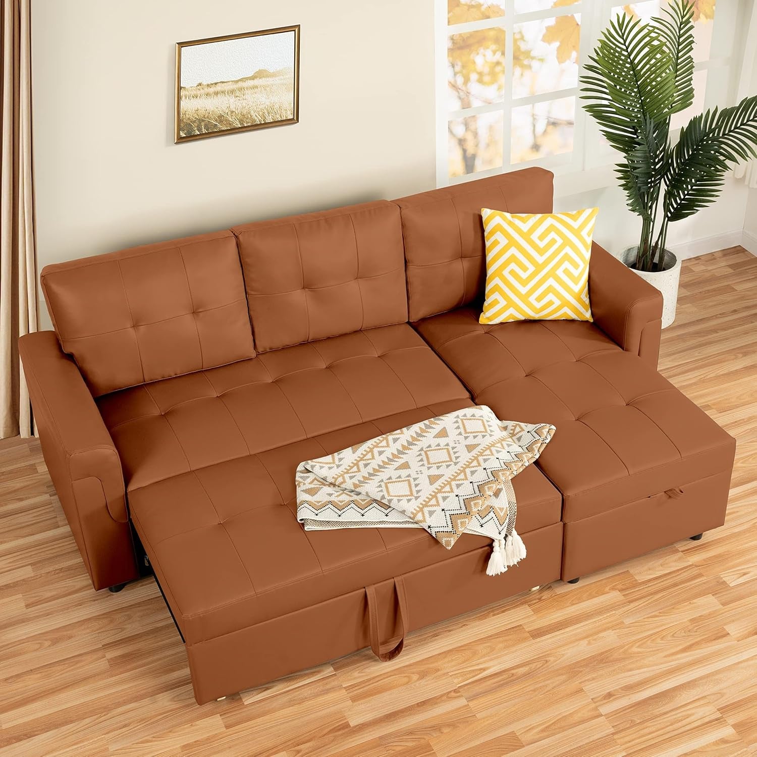 Transform Any Space: Sleeper Sectional Sofa with Convertible Sofa Bed & Inviting Chaise. Find Tranquil Comfort with Stress-Relieving Design & Durable Cushions - Caramel,Air Leather