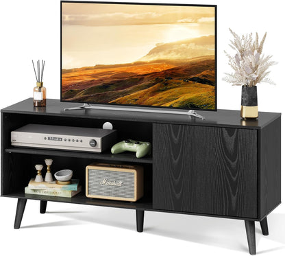 TV Stand for 55 Inch Tvs, Entertainment Center with Storage Cabinet, Mid-Century TV Stands for Living Room and Bedroom, 50" TV Console, Black