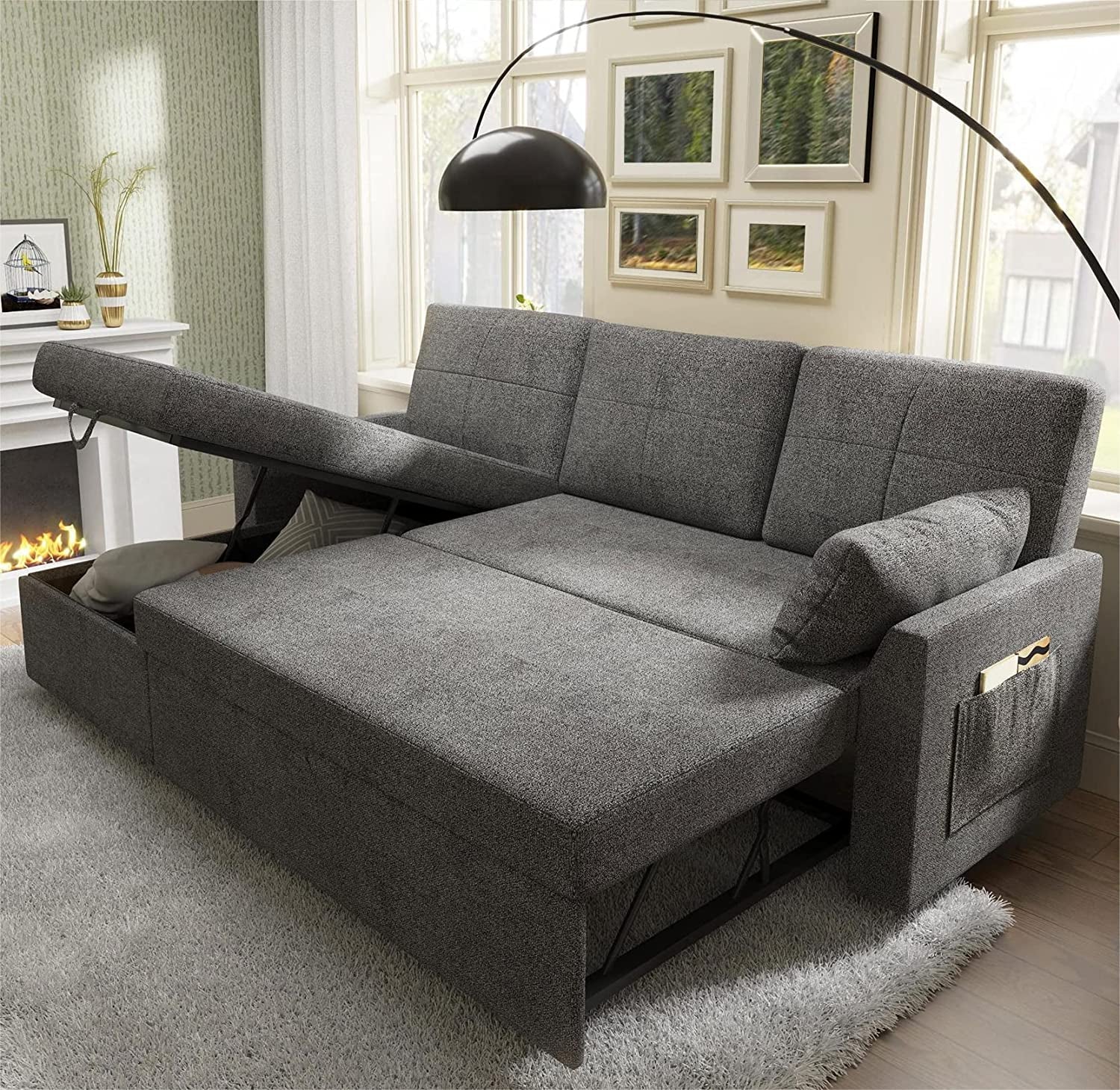 Sleeper Sofa, Sofa Bed- 2 in 1 Pull Out Couch Bed with Storage Chaise for Living Room, Sofa Sleeper with Pull Out Bed, Grey Linen Couch