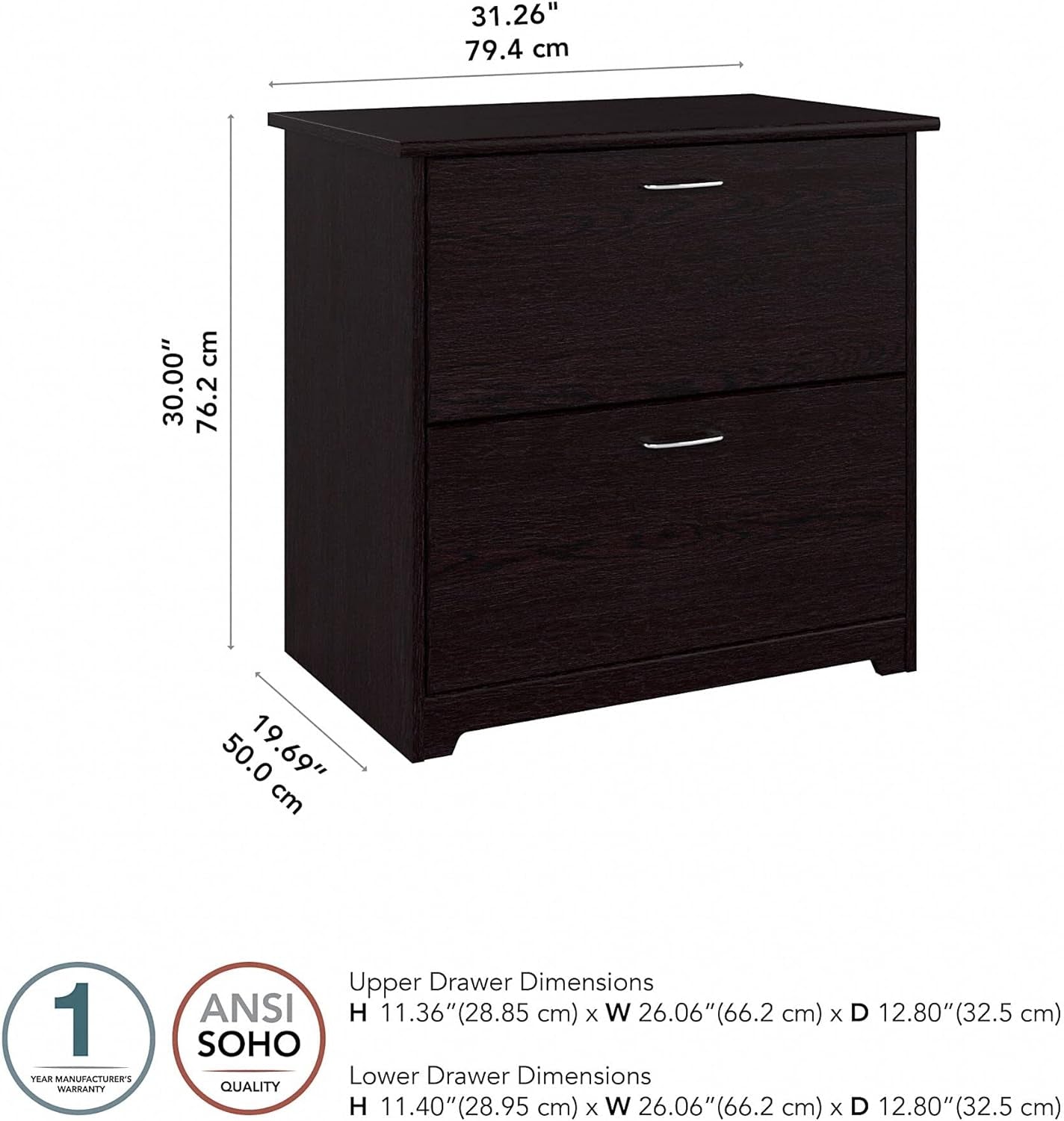 Bush Furniture Cabot 2 Drawer Lateral File Cabinet | Letter, Legal, and A4-Size Document Storage for Home Office, 32W, Espresso Oak - Design By Technique