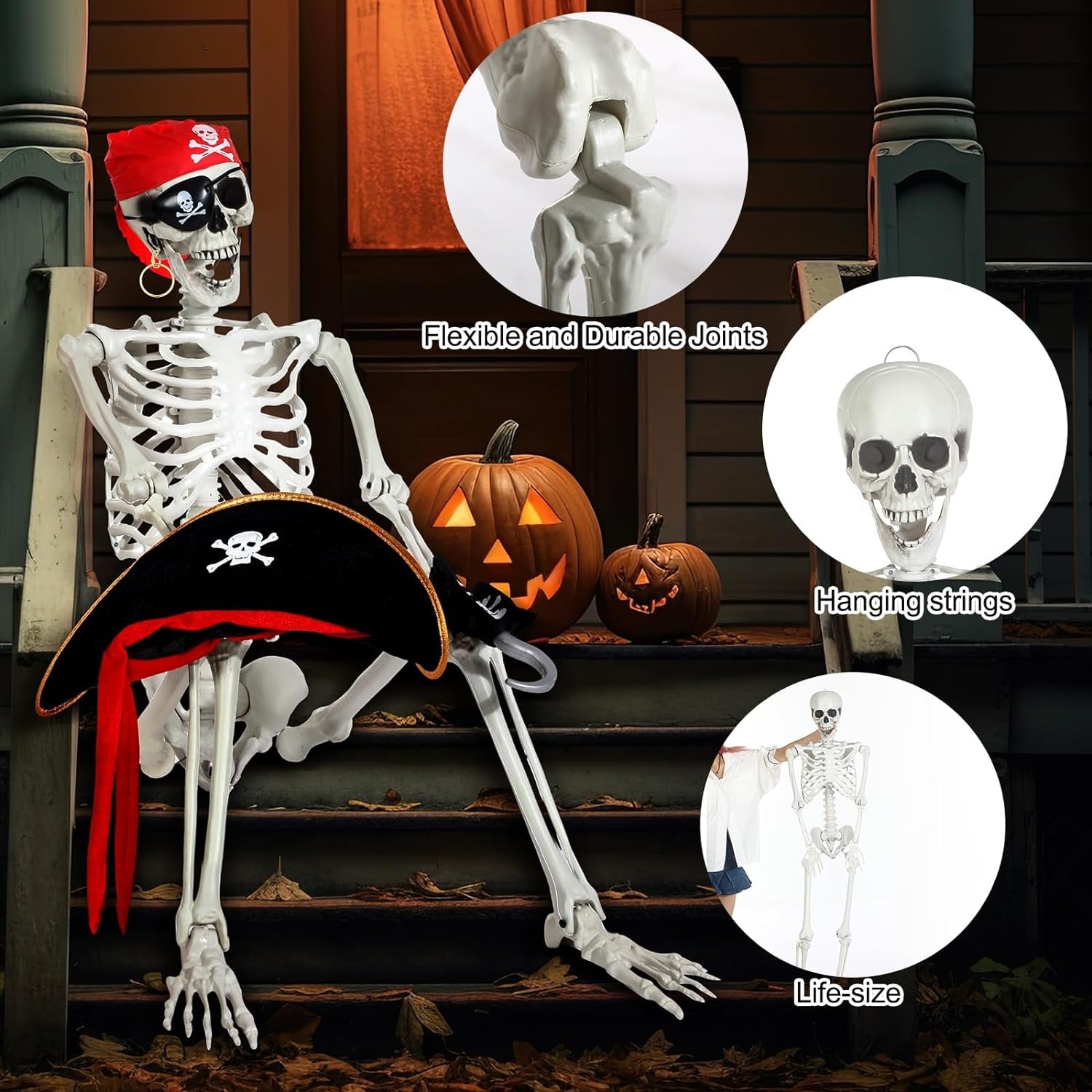 2 Pack 5.58 Ft and 3 Ft Life Size Halloween Skeleton with Pirate Costume Set Adult and Child Size Full Body Bones with Posable Joints for Halloween Outdoor Haunted Yard Party Prop Decoration