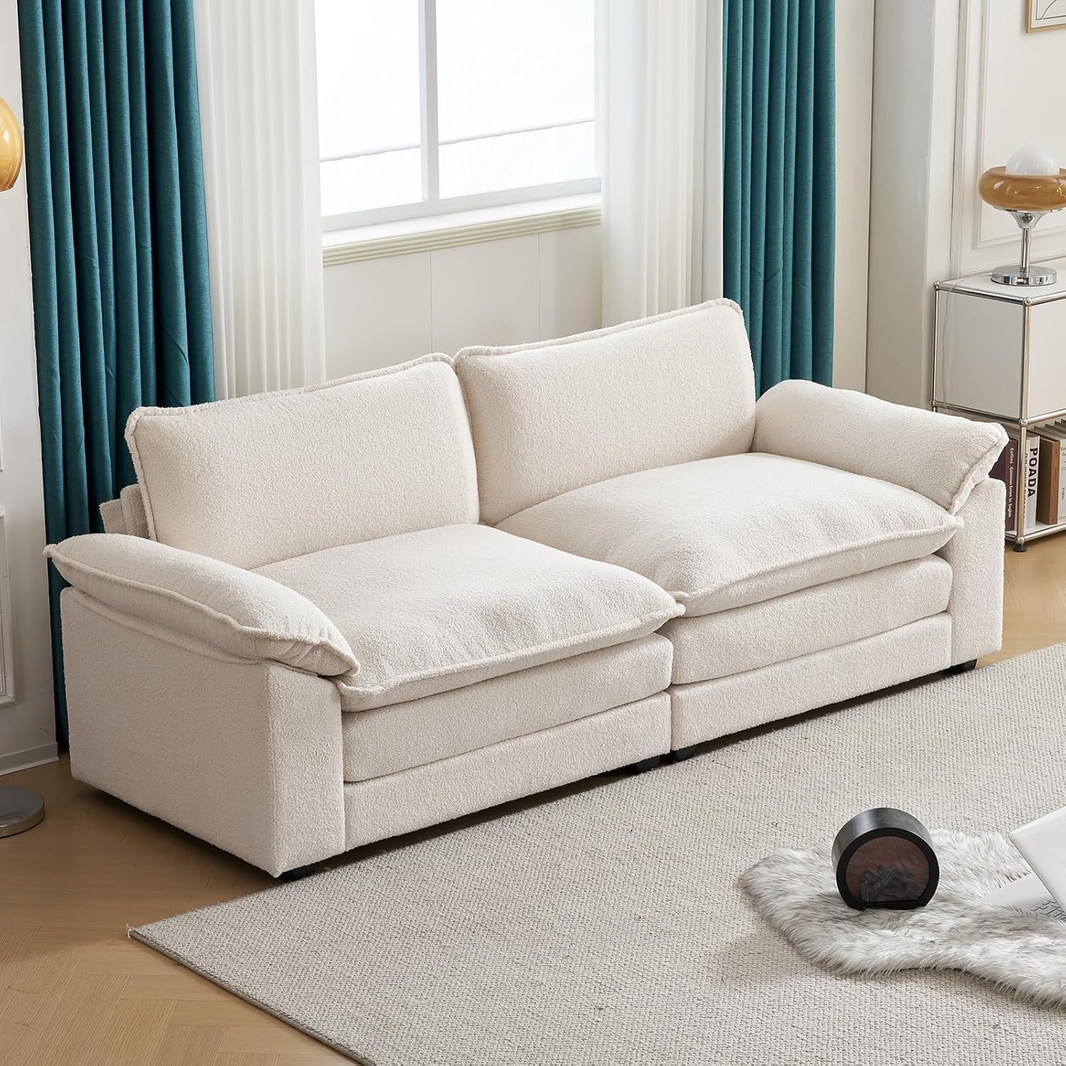 85.4" Convertible Sectional Sofa,L-Shaped Deep Seat Sofa Couch for Living Room,Modern 2-Seat Loveseat Sofa with Ottoman for Small Space(White,Faux Sherpa, 85.4")