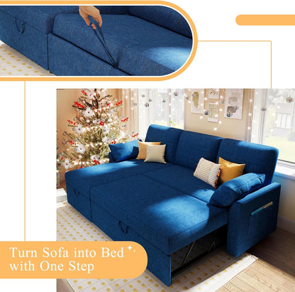 Sofa Bed, Sleeper Sofa with Storage Chaise- 2 in 1 Pull Out Couch Sofa for Home Office, Living Room, Comfy Sofa Sleeper, Blue Linen Couch