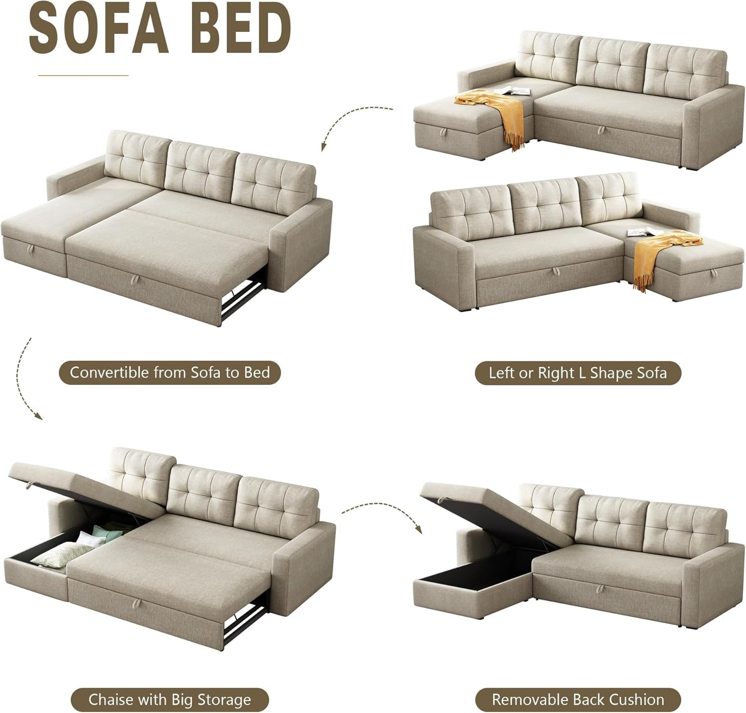 81.5" Sectional Sleeper Sofa with Storage Chaise, L Shaped Pull Out Couch Bed with 3 Removable Back Cushion for Living Room,Apartment,Office, Beige1