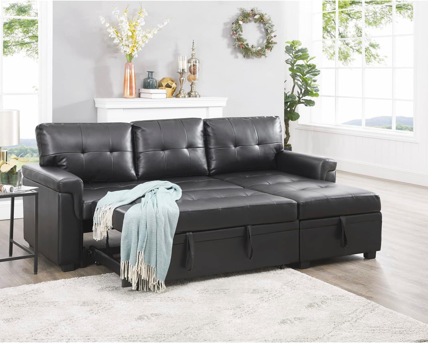 Transform Any Space: Sleeper Sectional Sofa with Convertible Sofa Bed & Inviting Chaise. Find Tranquil Comfort with Stress-Relieving Design & Durable Cushions - Black/Air Leather