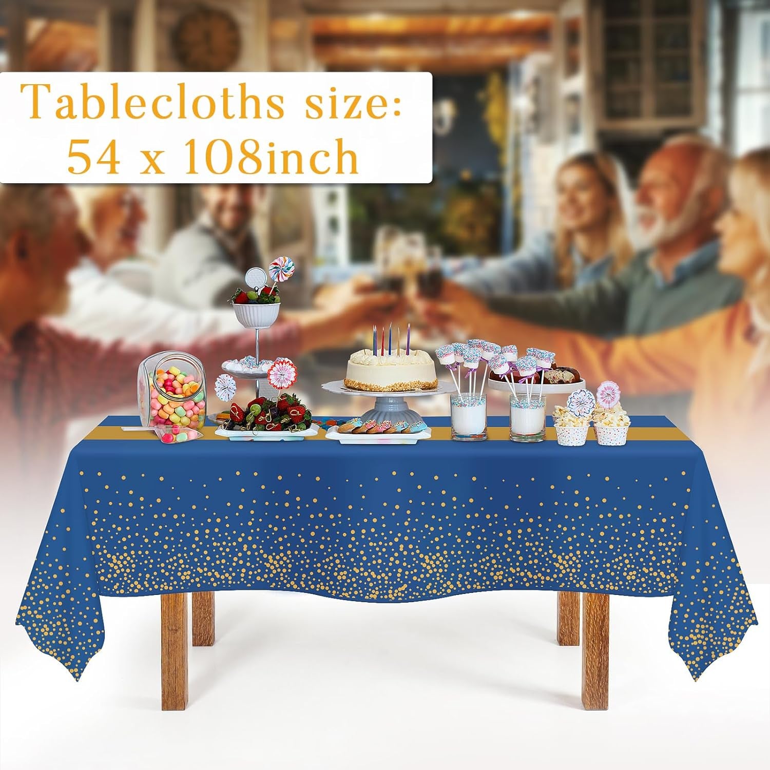 Tablecloths for Rectangle Tables, 3 Pack 54" X 108" Disposable Plastic Table Cloth, Blue Gold Dot Tablecloths Disposable Tablecloth for Weddings Buffet Table