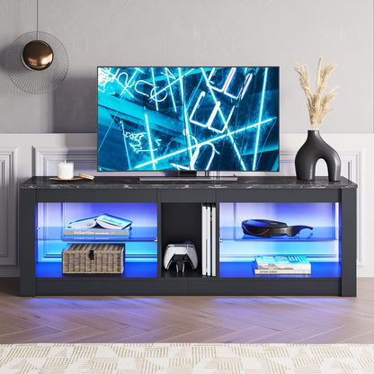 Entertainment Center LED Gaming TV Stand for 55+ Inch TV Adjustable Glass Shelves 22 Dynamic RGB Modes TV Cabinet Game Console PS4, Black Marble