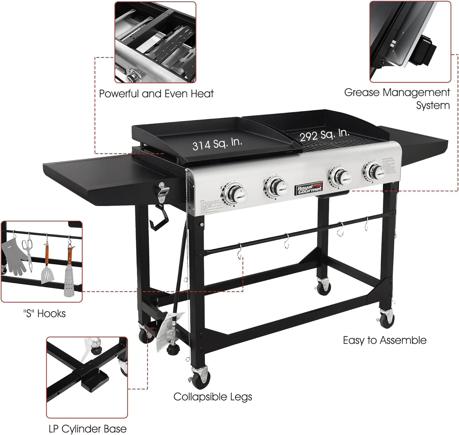 GD401 Portable Propane Gas Grill and Griddle Combo with Side Table | 4-Burner, Folding Legs,Versatile, Outdoor | Black 66 Inch