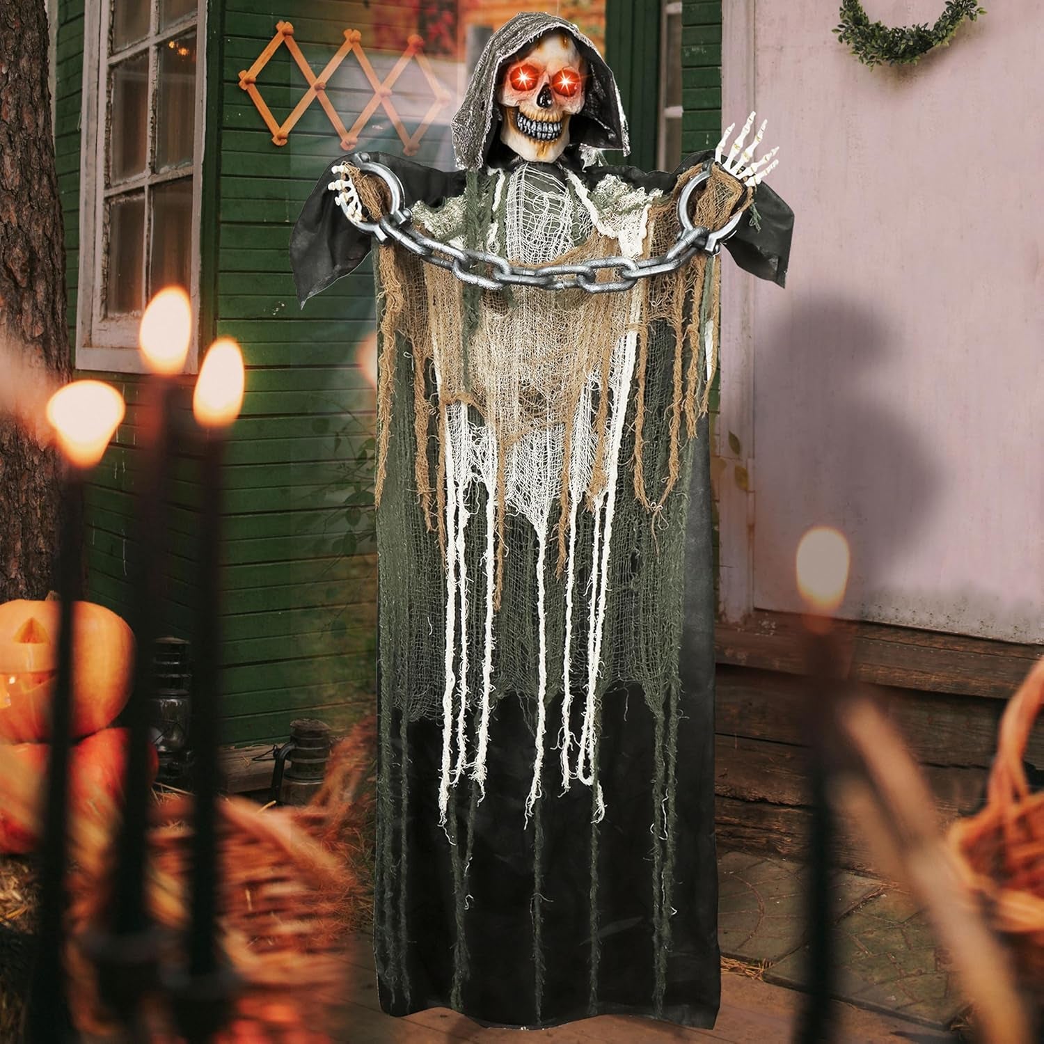 67" Halloween Animatronics Grim Reaper with Chain, Halloween Skeleton Life Size with Light-Up Eyes and Creepy Sound, Scary Halloween Decorations outside Haunted House Props Outdoor Holiday Decor