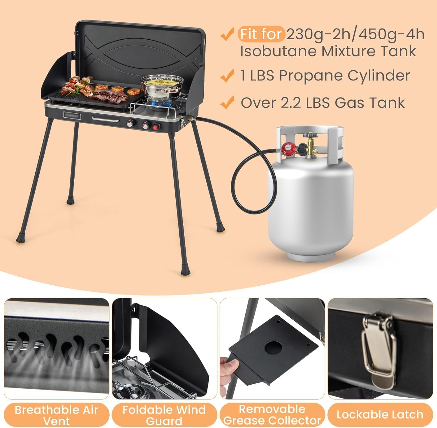 2-Burner Propane Camping Stove, Portable Gas Grill Cooker with Removable Leg Stand, Roast Grill, Dual Control Knobs, Wind Guards, Outdoor Grill Stove for Camping BBQ Picnic