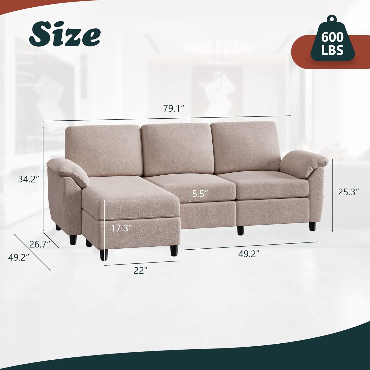 79" Convertible Sectional Sofa Couch, 3 Seat L Shaped Sofa with Removable Pillows Linen Fabric Small Couch Mid Century for Living Room, Apartment and Office, Khaki