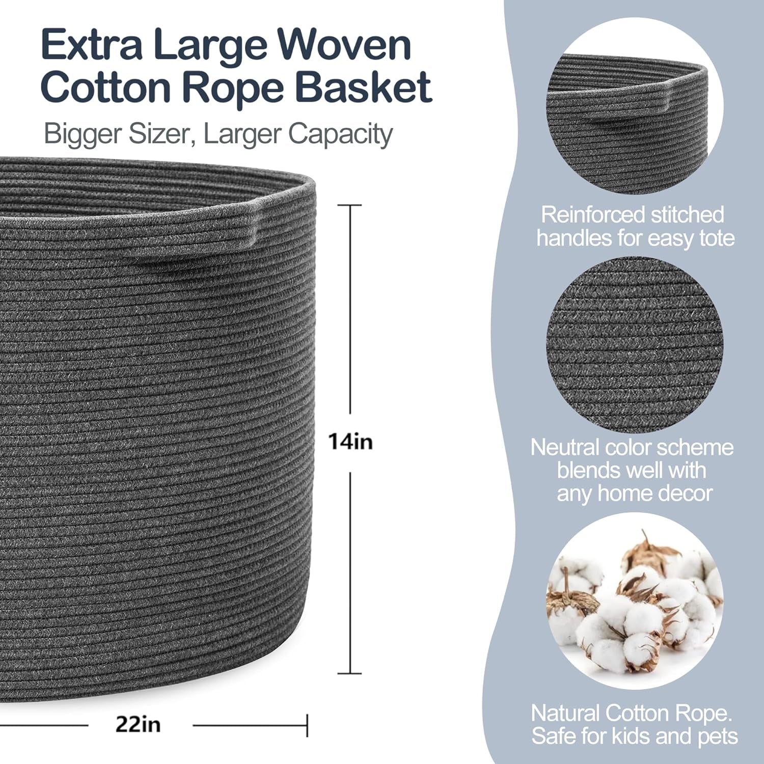 Large Dark Grey Storage Basket, Woven Cotton Rope Baskets for Storage, Big Blanket Organizer Storage Basket for Living Room, Kids Room Toy Storage Organizer Box, Blanket Keeper (22"X14")