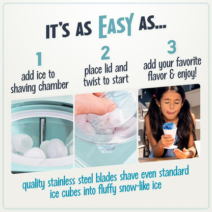 Snow Cone Shaved Ice Machine - Retro Table-Top Slushie Machine Makes 20 Icy Treats - Includes 2 Reusable Plastic Cups & Ice Scoop - Aqua