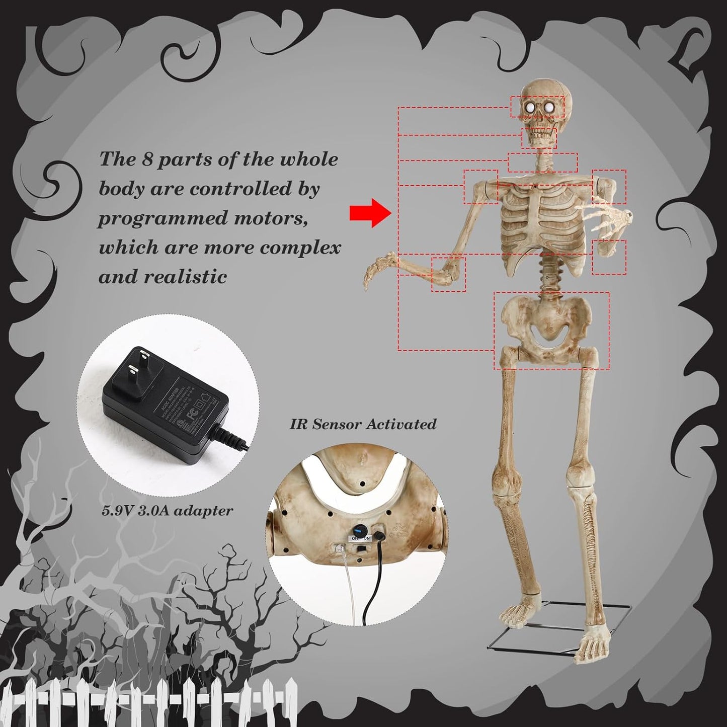 5.3 Ft Halloween Skeleton Decoration Skeleton Grim Animatronic Talking with Creepy Sound Effect, Full Body Posable Human Bones, LED Realistic Glowing Movable Eyeball, for Halloween Party Yard