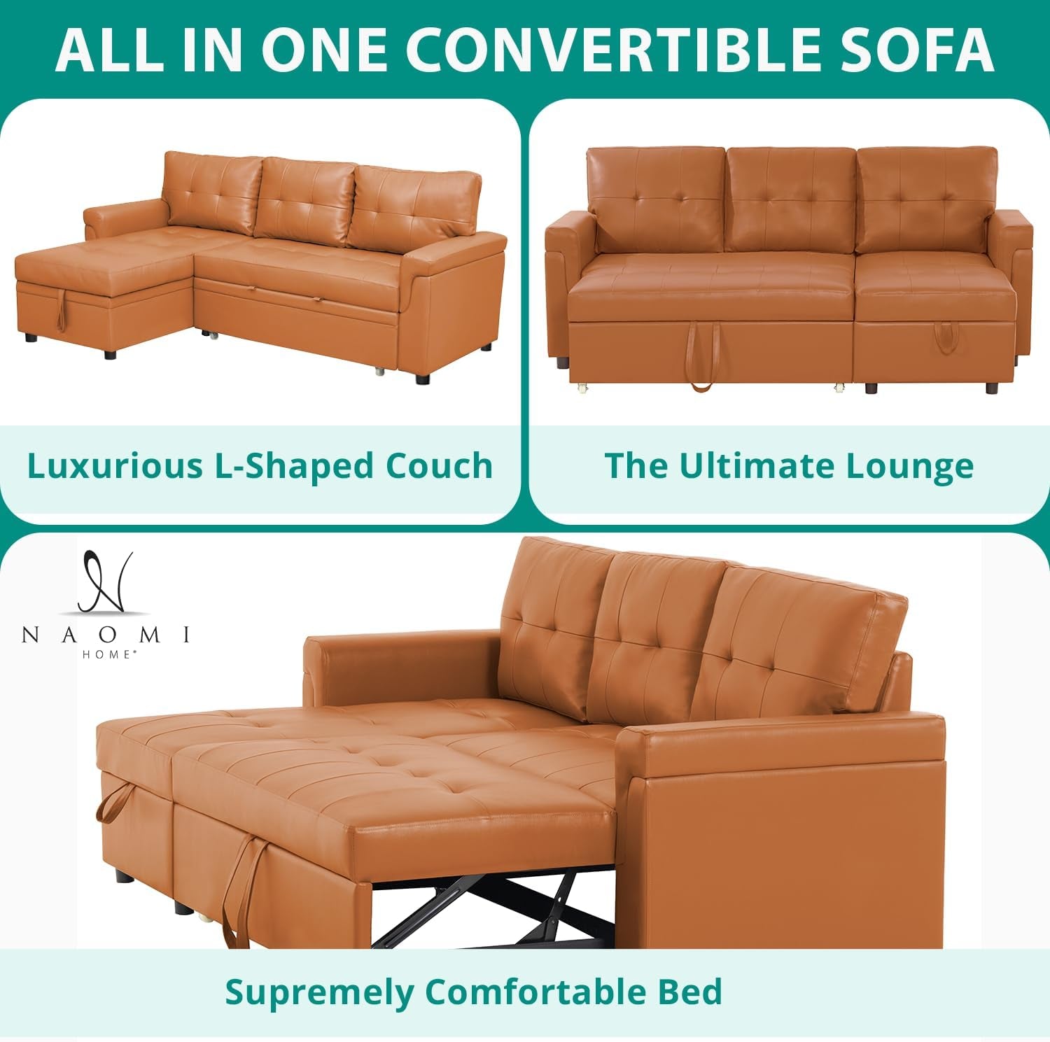 Transform Any Space: Sleeper Sectional Sofa with Convertible Sofa Bed & Inviting Chaise. Find Tranquil Comfort with Stress-Relieving Design & Durable Cushions - Caramel,Air Leather