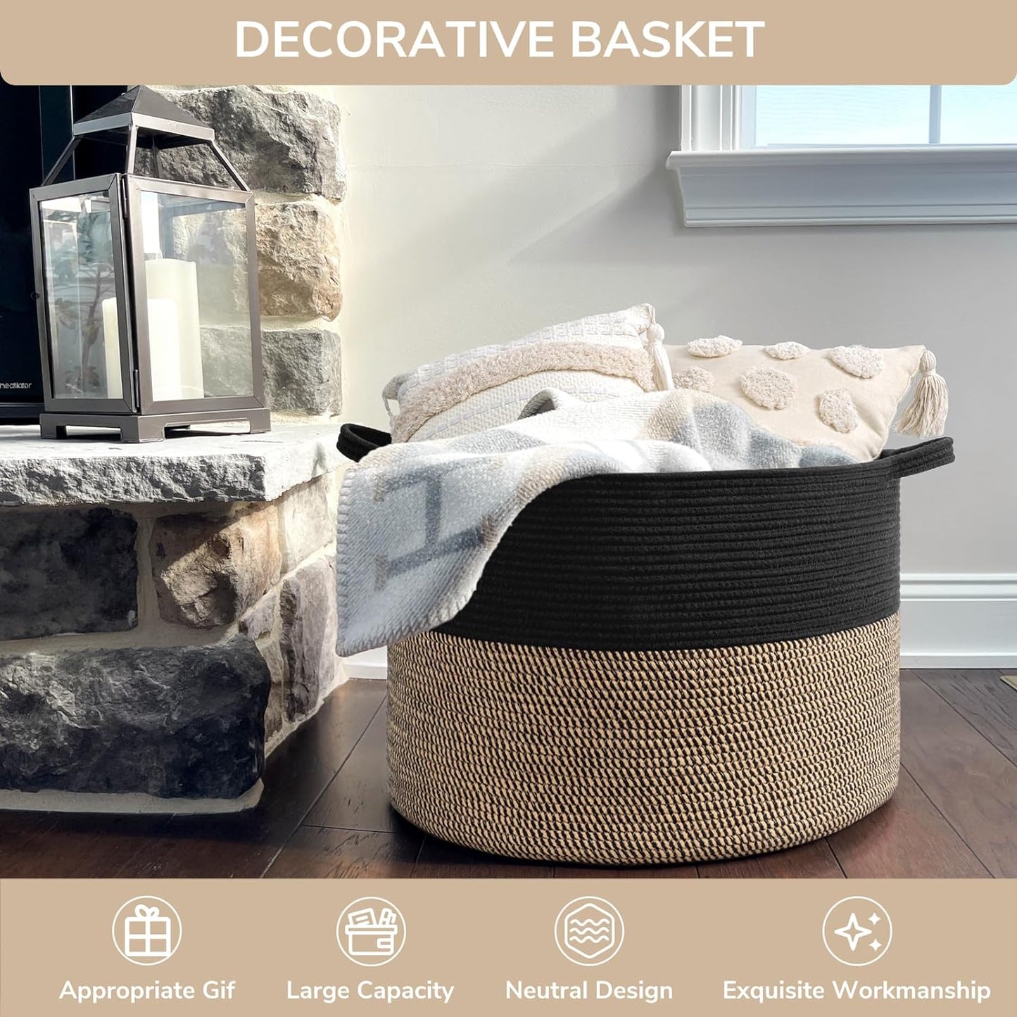 Large Storage Baskets for Organizing, 21.7 X 13.8 Blanket Basket Living Room Dog Toy Bin, Woven Laundry Basket for Dirty Clothes, Pillows, Towel, 90L Mix Black