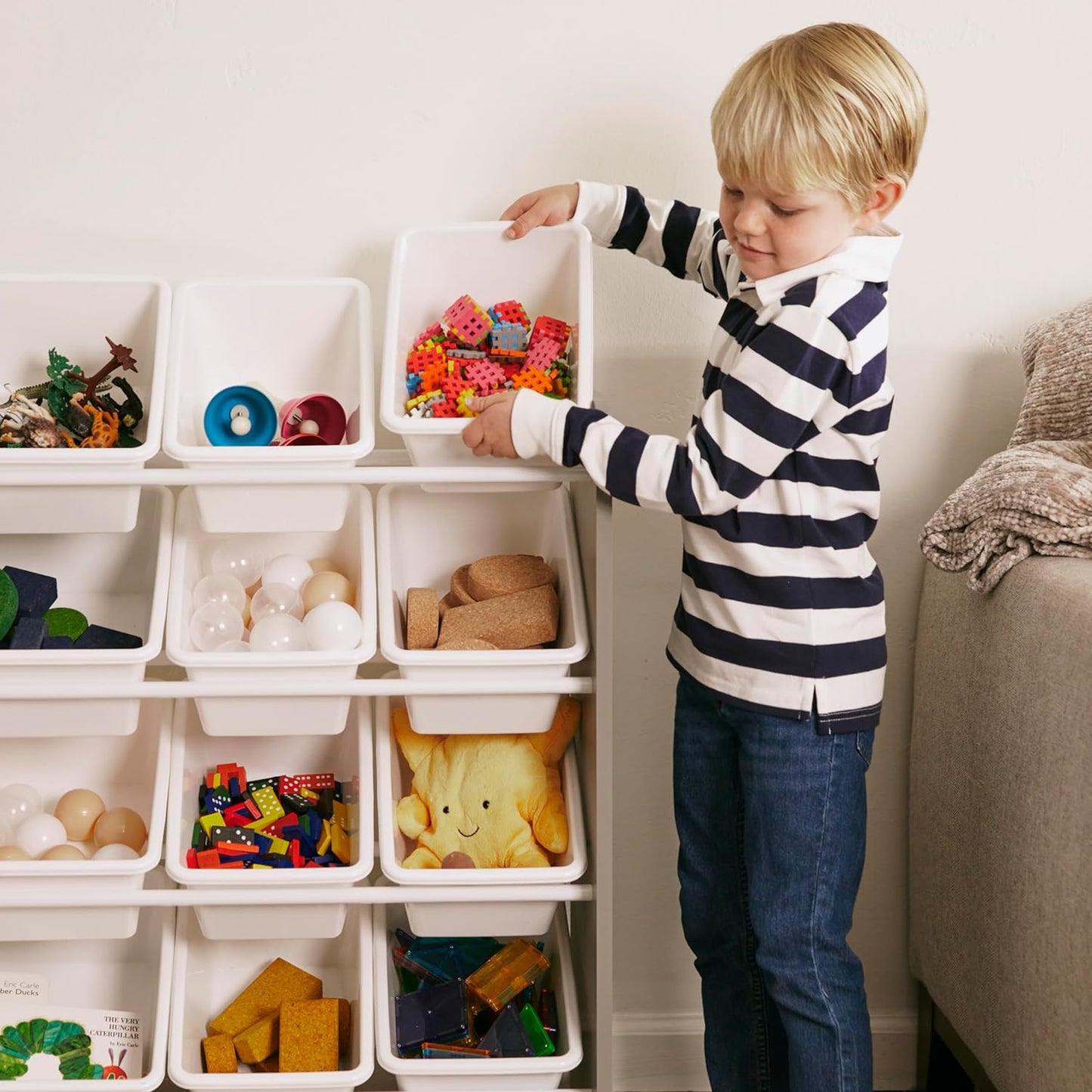 4-Tier Organizer with 12 Bins, Toy Storage, Grey/White