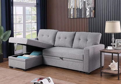 L-Shape Convertible Sleeper Sectional Sofa with Storage Chaise and Pull-Out Bed, Linen Upholstered Reversible Corner Couch W/Arms for Living Room, Apartment, Home Furniture,Light Grey