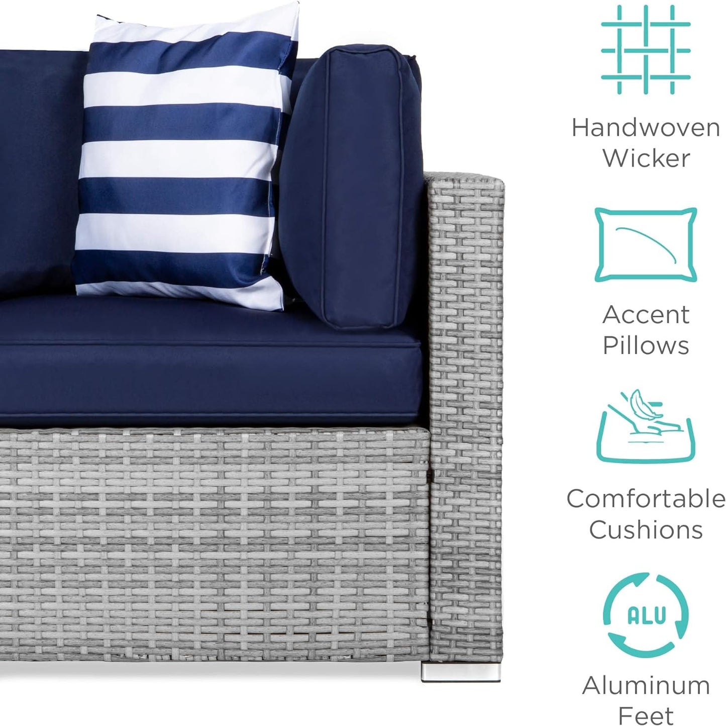 7-Piece Modular Outdoor Sectional Wicker Patio Conversation Set W/ 2 Pillows, Coffee Table, Cover Included - Gray/Navy - Design By Technique