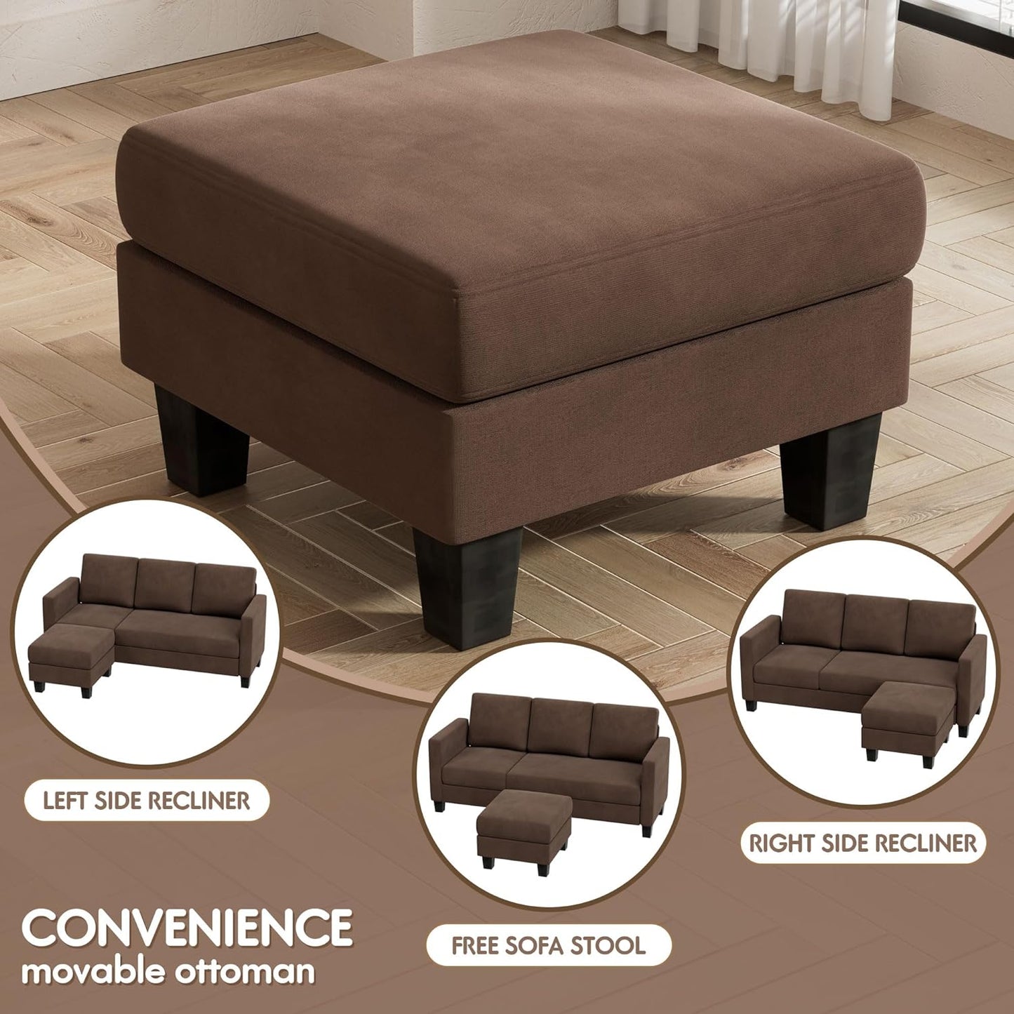 Convertible Sectional Sofa Couch, 3 Seat L-Shaped Sofa with Linen Fabric, Movable Ottoman Small Couch for Small Apartments, Living Room and Office (Brown)