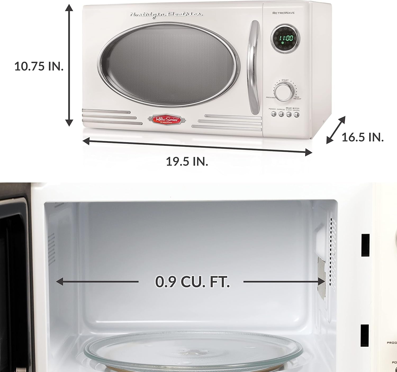 Retro Countertop Microwave Oven - Large 800-Watt - 0.9 Cu Ft - 12 Pre-Programmed Cooking Settings - Digital Clock - Kitchen Appliances - Ivory