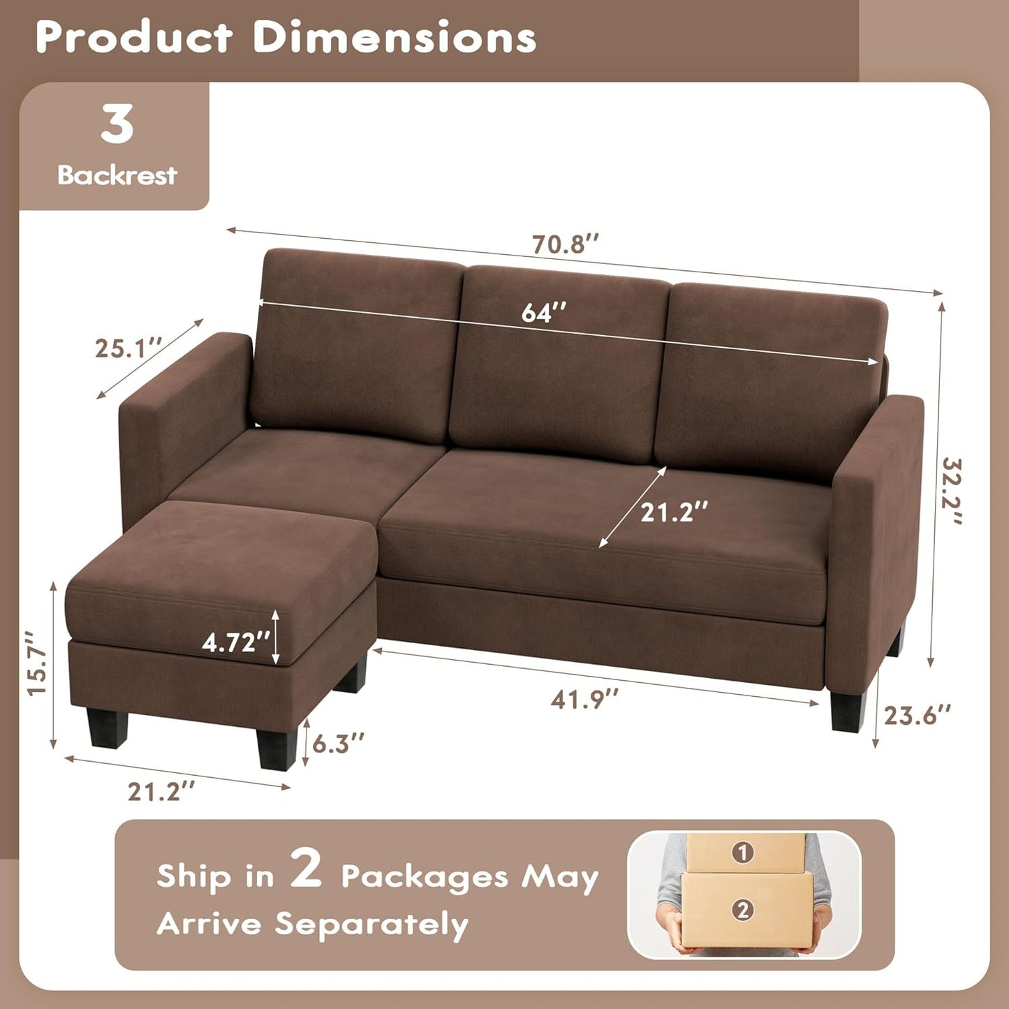 Convertible Sectional Sofa Couch, 3 Seat L-Shaped Sofa with Linen Fabric, Movable Ottoman Small Couch for Small Apartments, Living Room and Office (Brown)