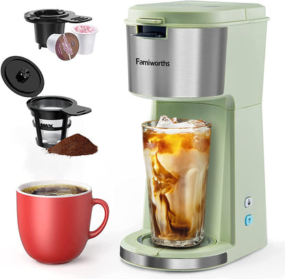 Iced Coffee Maker, Hot and Cold Coffee Maker Single Serve for K Cup and Ground, with Descaling Reminder and Self Cleaning, Iced Coffee Machine for Home, Office and Rv,Matcha Green