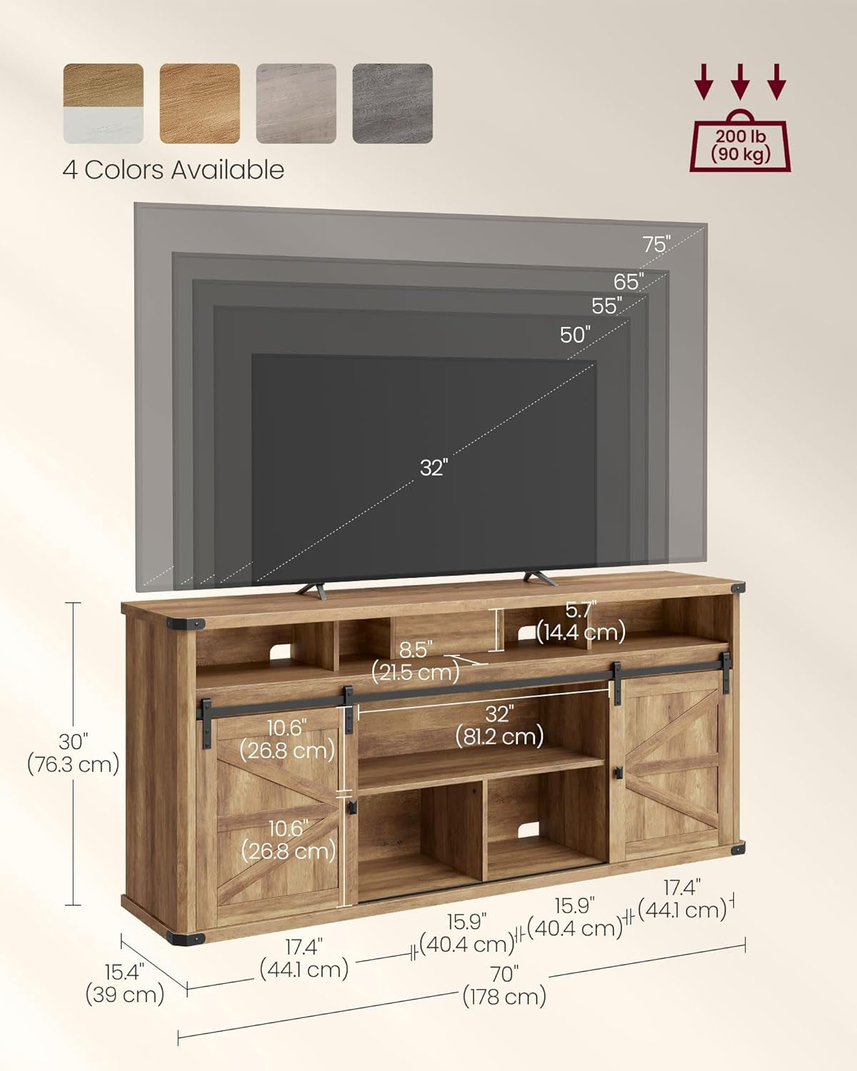 TV Stand for Tvs up to 75 Inches, Farmhouse Entertainment Center with Sliding Barn Doors, TV Console Table for Living Room, Honey Brown ULTV323K41