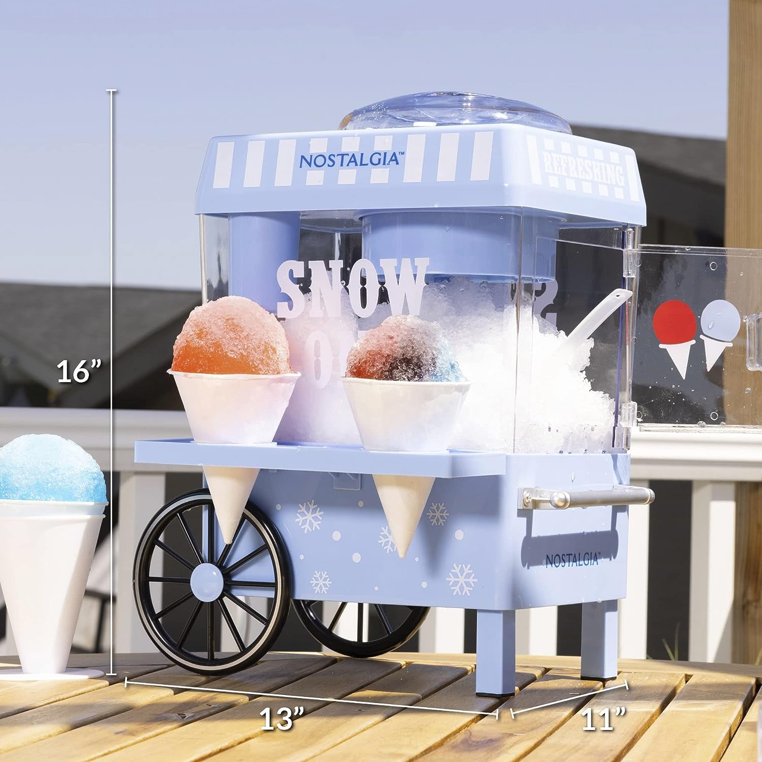 Snow Cone Shaved Ice Machine - Retro Table-Top Slushie Machine Makes 20 Icy Treats - Includes 2 Reusable Plastic Cups & Ice Scoop - Blue