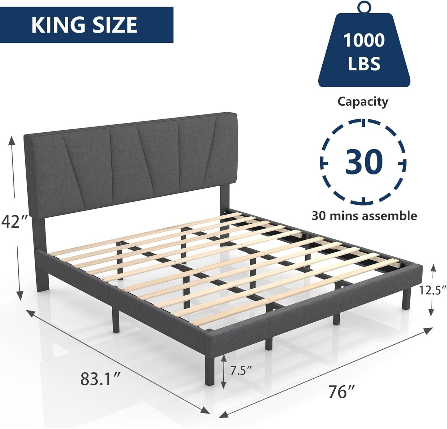 King Size Bed Frame with Upholstered Headboard, Linen Fabric Wrap, Wooden Slats Support, Solid and Stable, No Box Spring Needed, Non-Slip and Noise-Free, Easy Assembly, a Dark Grey