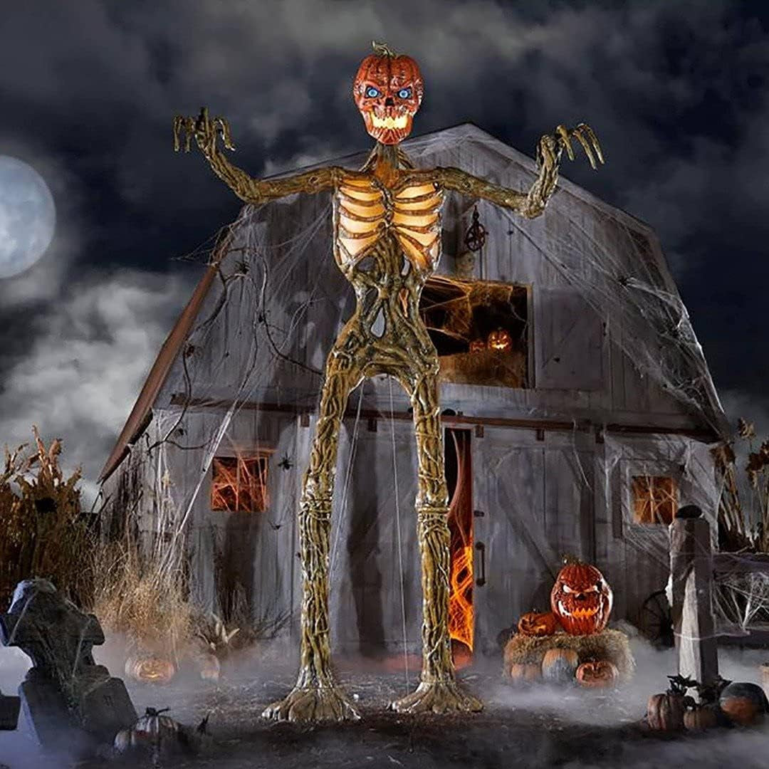 Terrifying 12-Foot Giant Inferno Pumpkin Skeleton with Lifeeyes for Halloween