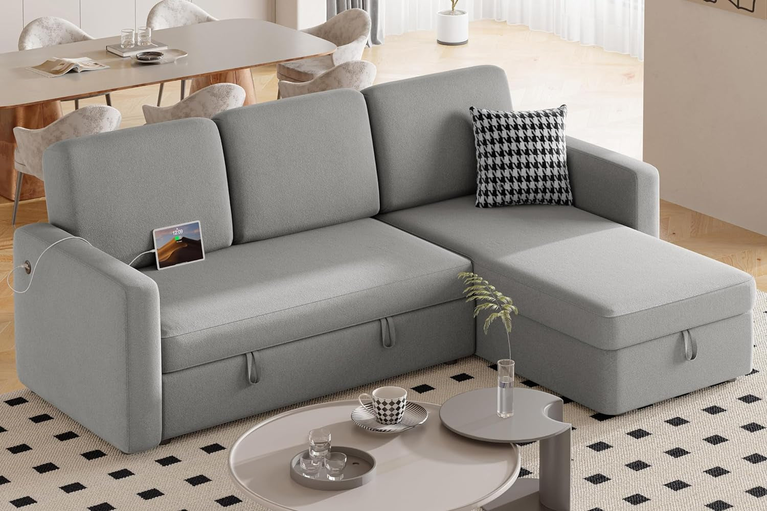 Sectional Sofa L-Shaped Sofa Couch Bed W/Chaise & USB, Reversible Couch Sleeper W/Pull Out Bed & Storage Space, 4-Seat Fabric Convertible Sofa, Pull Out Couch Light Gray