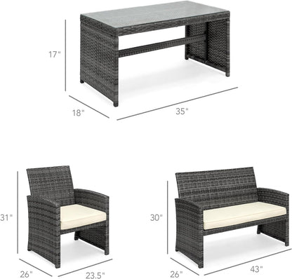 4-Piece Outdoor Wicker Patio Conversation Furniture Set for Backyard W/Coffee Table, Seat Cushions - Gray/Cream - Design By Technique